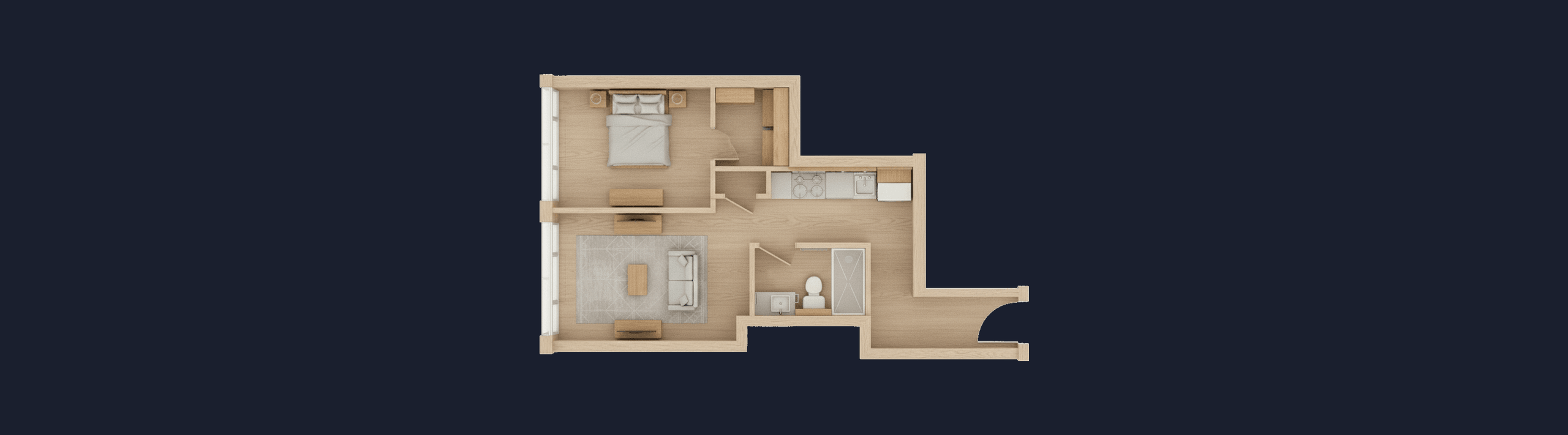 One-bedroom suite, furnished plan render
