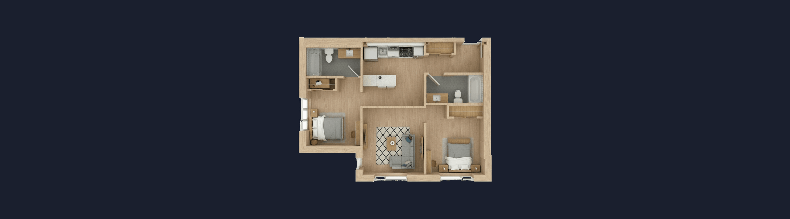 Two-bedroom suite, furnished plan render