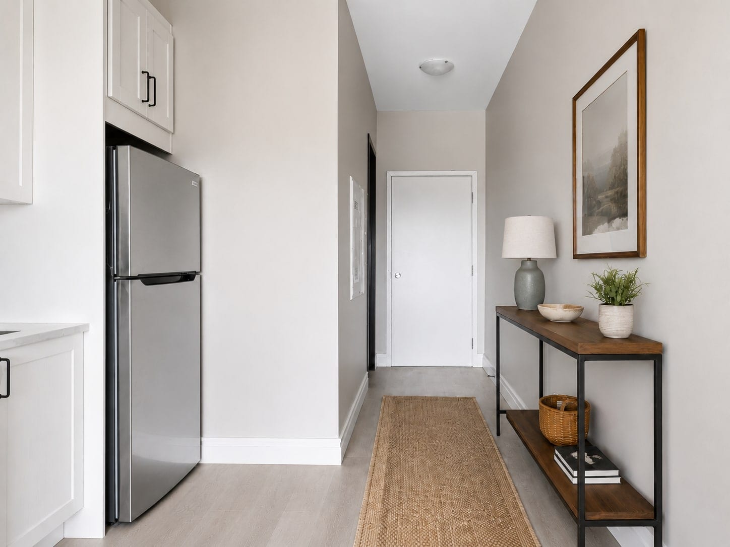 Entry hall of a studio suite, looking back to the suite door past the fridge