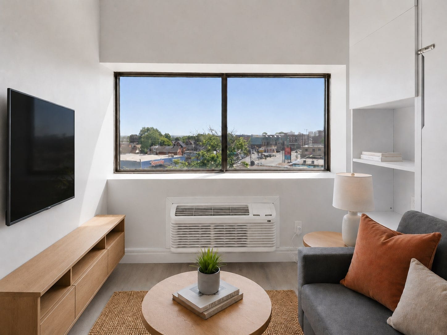 Living area of a studio suite, with a wall-mounted television and a window over Princess Street