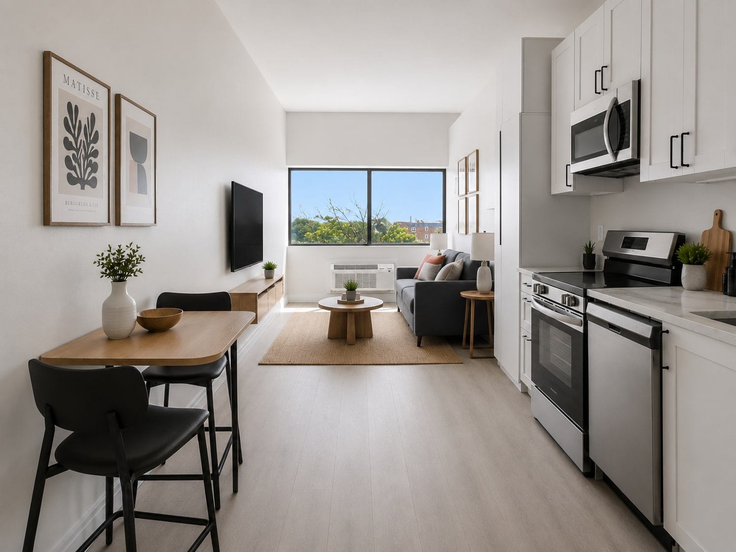 Furnished studio suite looking toward the window, with the dining table, sofa and kitchen